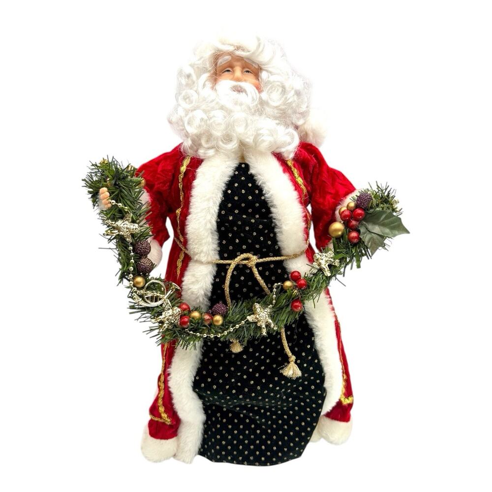 Santa Claus Tree Topper Table Top 18" Tall Red White Gold Garland Cherubs Vtg